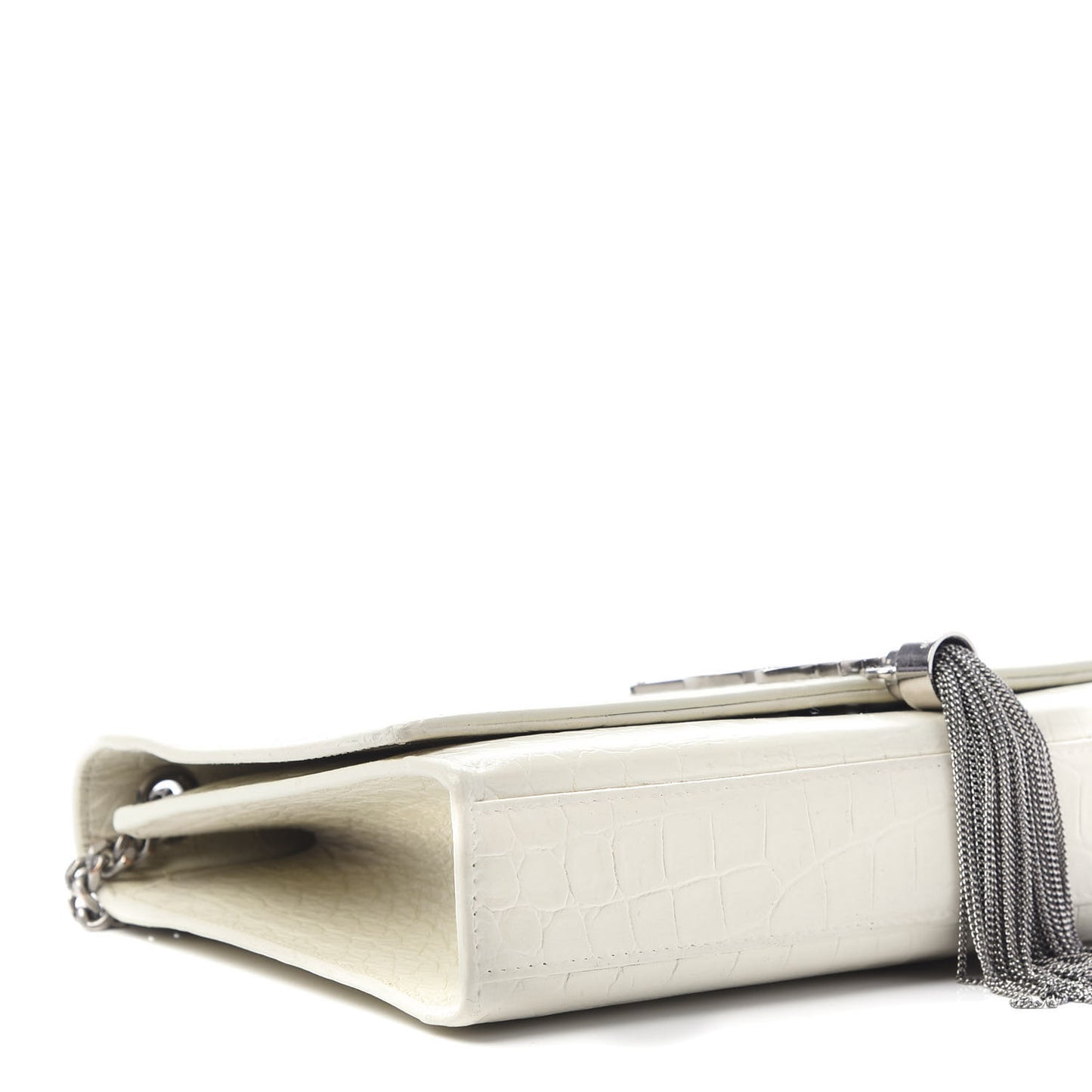 Calfskin Crocodile Embossed Medium Classic Monogram Kate Tassel Satchel White