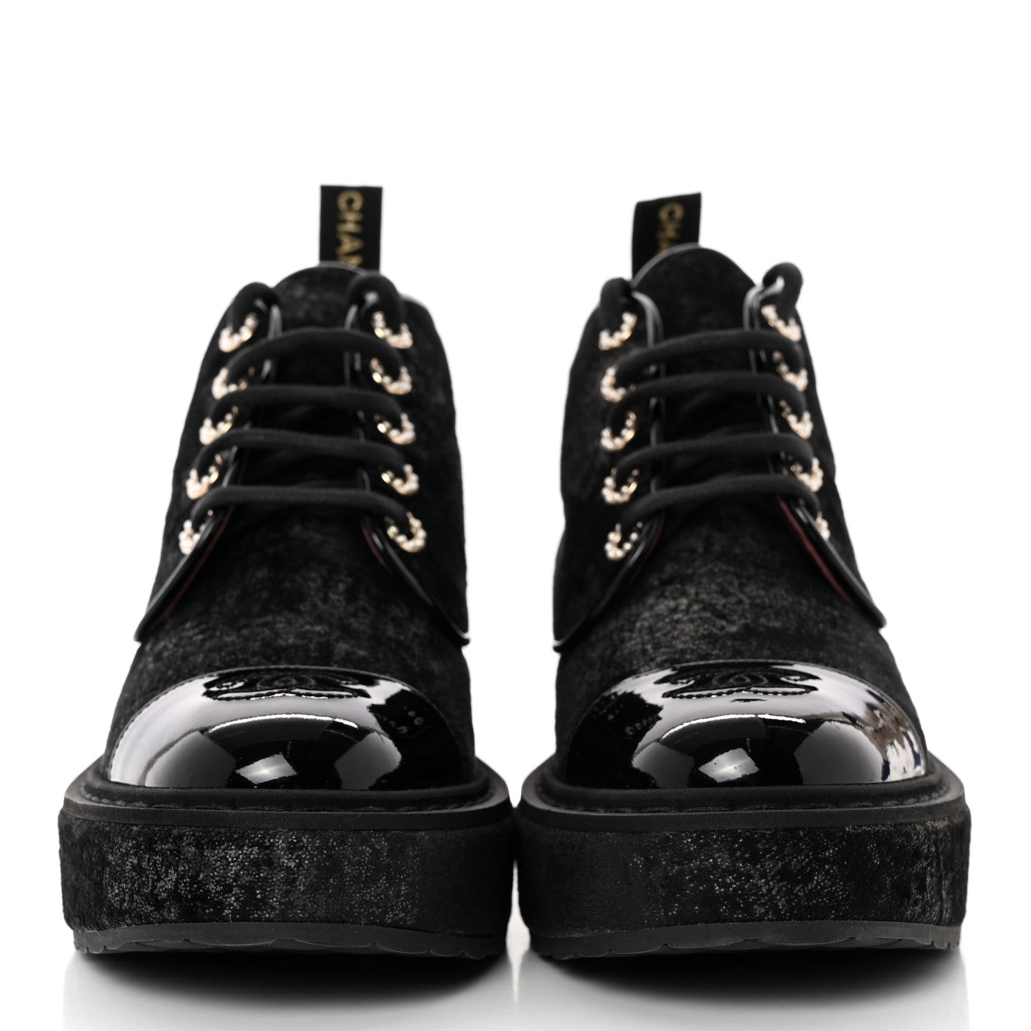 Chanel Patent Calfskin Velvet Pearl Lace Up Combat Short Boots 39.5 Black 2 of 11