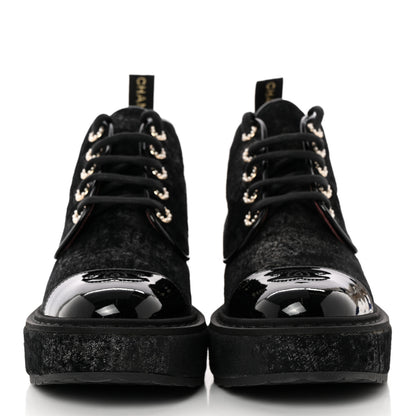 Chanel Patent Calfskin Velvet Pearl Lace Up Combat Short Boots 39.5 Black 2 of 11