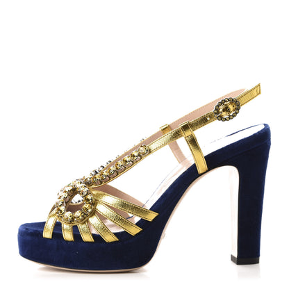 Gucci Velvet Nappa Crystal Zephyra Slingback Platform High Heel Sandals 36 Blue Gold 1 of 9