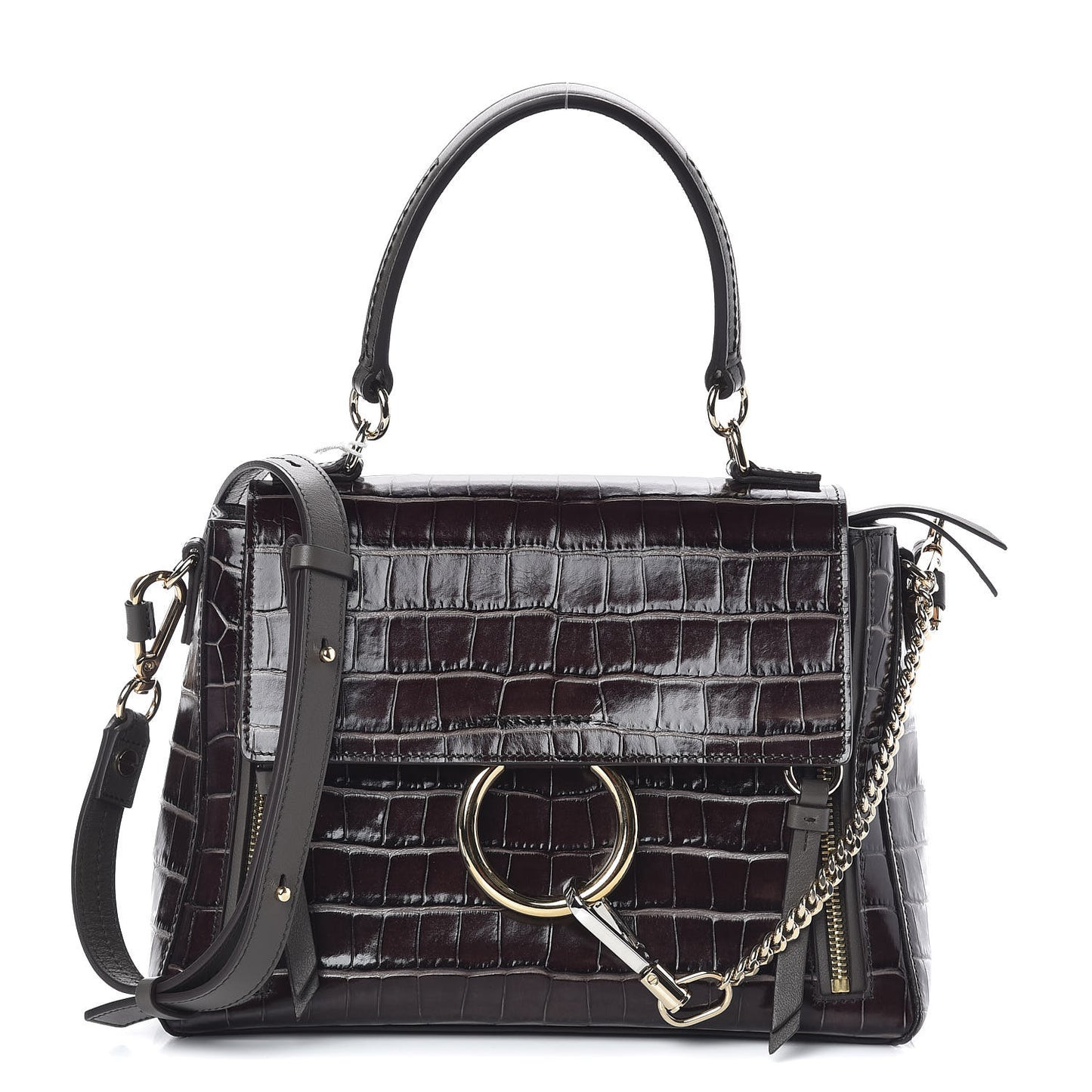 Calfskin Crocodile Embossed Small Faye Day Shoulder Bag Profound Brown