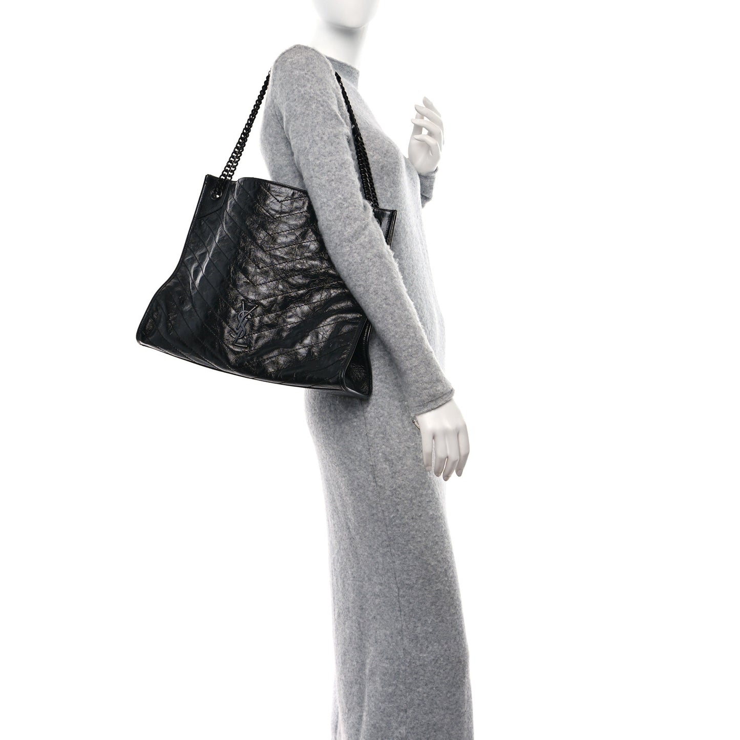 Crinkled Calfskin Matelasse Monogram Large Niki Shopper Tote Black