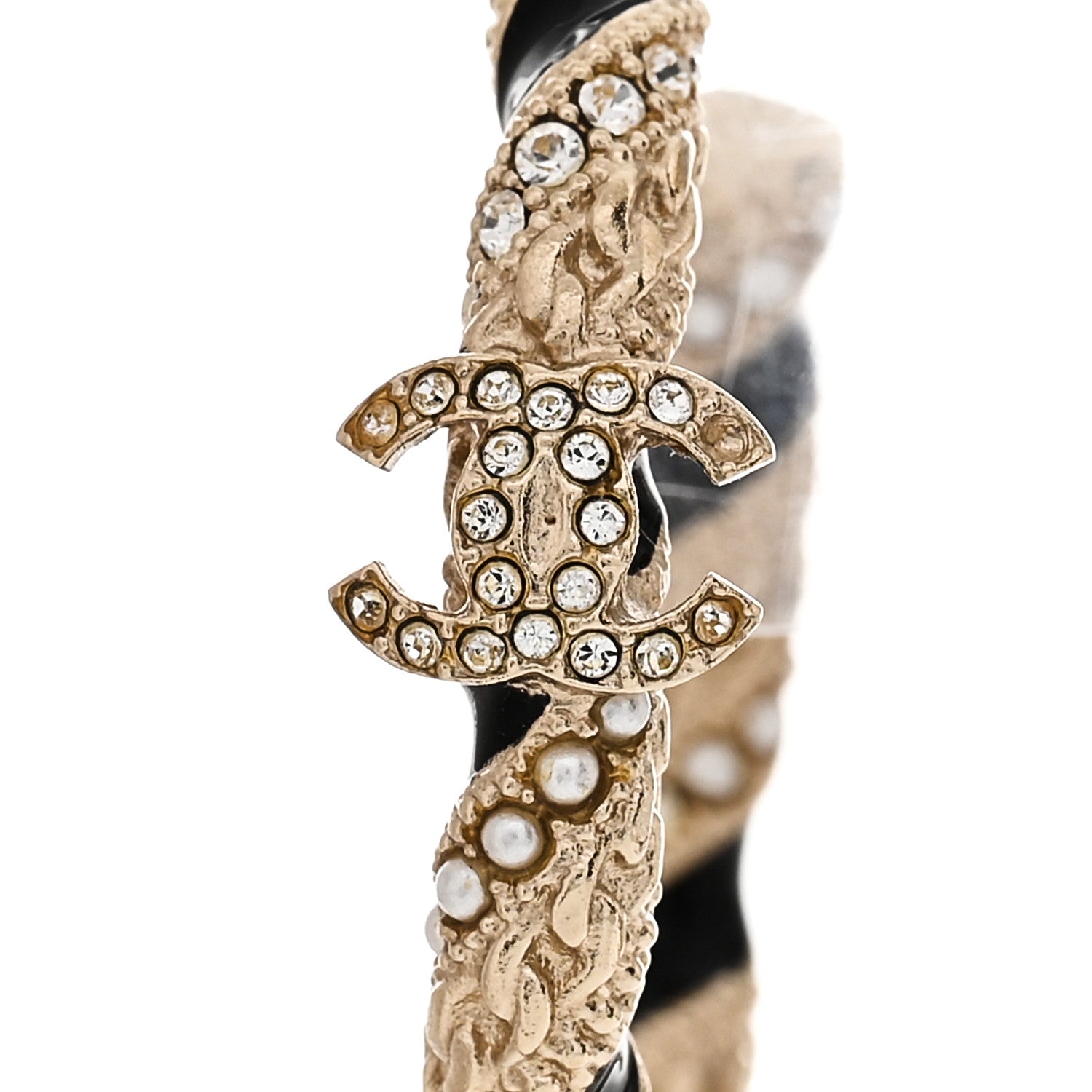 Chanel Crystal Pearl Twist CC Hoop Earrings Gold Black 5 of 7