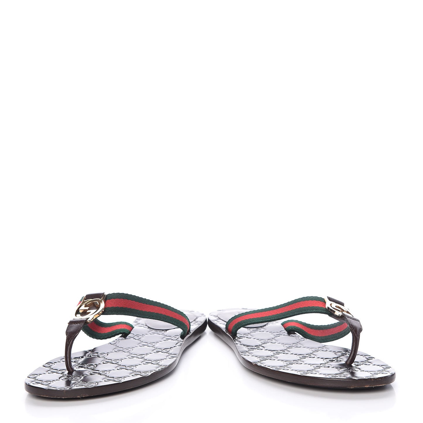 Nylon Calfskin Web GG Monogram Womens Thong Sandals 37 Green Red Cocoa