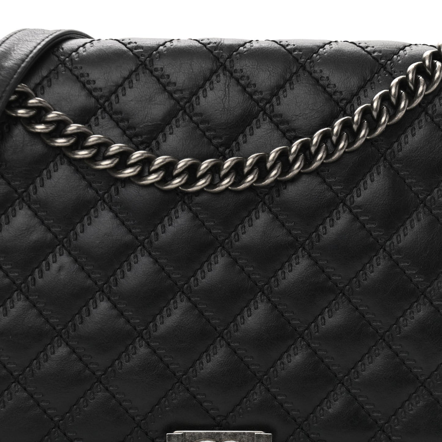 Calfskin Embossed Stitch Large Boy Flap Black