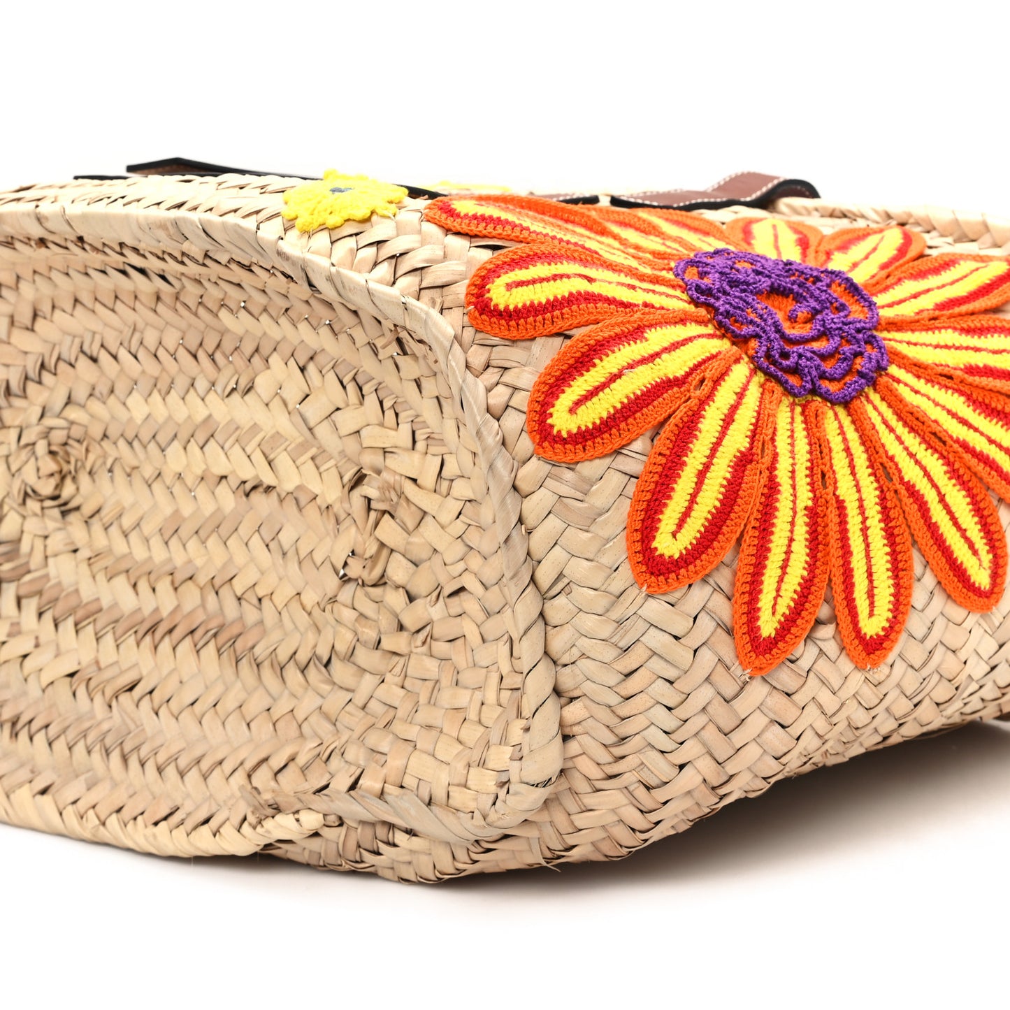 Raffia Floral Embroidered Medium Basket Tote Bag Natural Tan