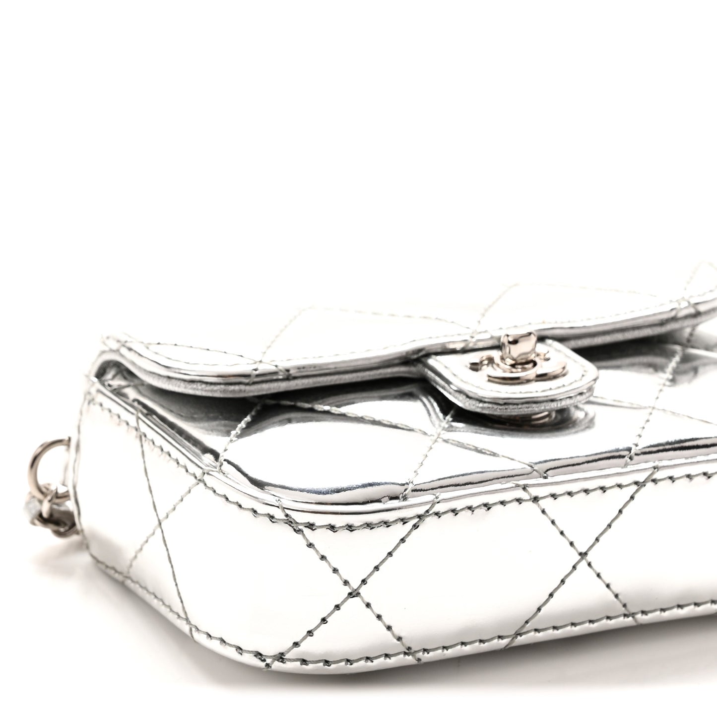 Mirror Calfskin Small Top Handle Clutch With Chain Silver