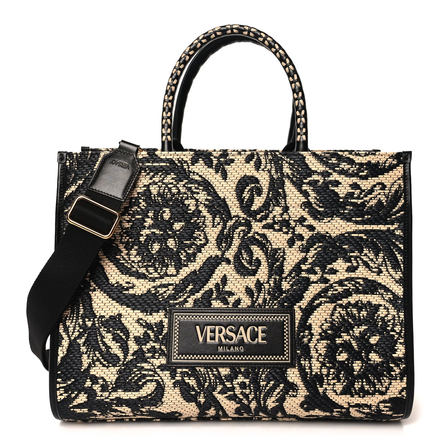 Raffia Calfskin Jacquard Barocco Medium Athena Tote Black