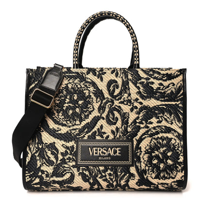 Versace Raffia Calfskin Jacquard Barocco Medium Athena Tote Black 1 of 10