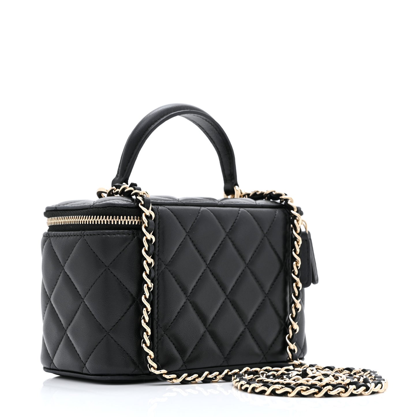 Lambskin Quilted Small Top Handle Vanity Case With Chain Black
