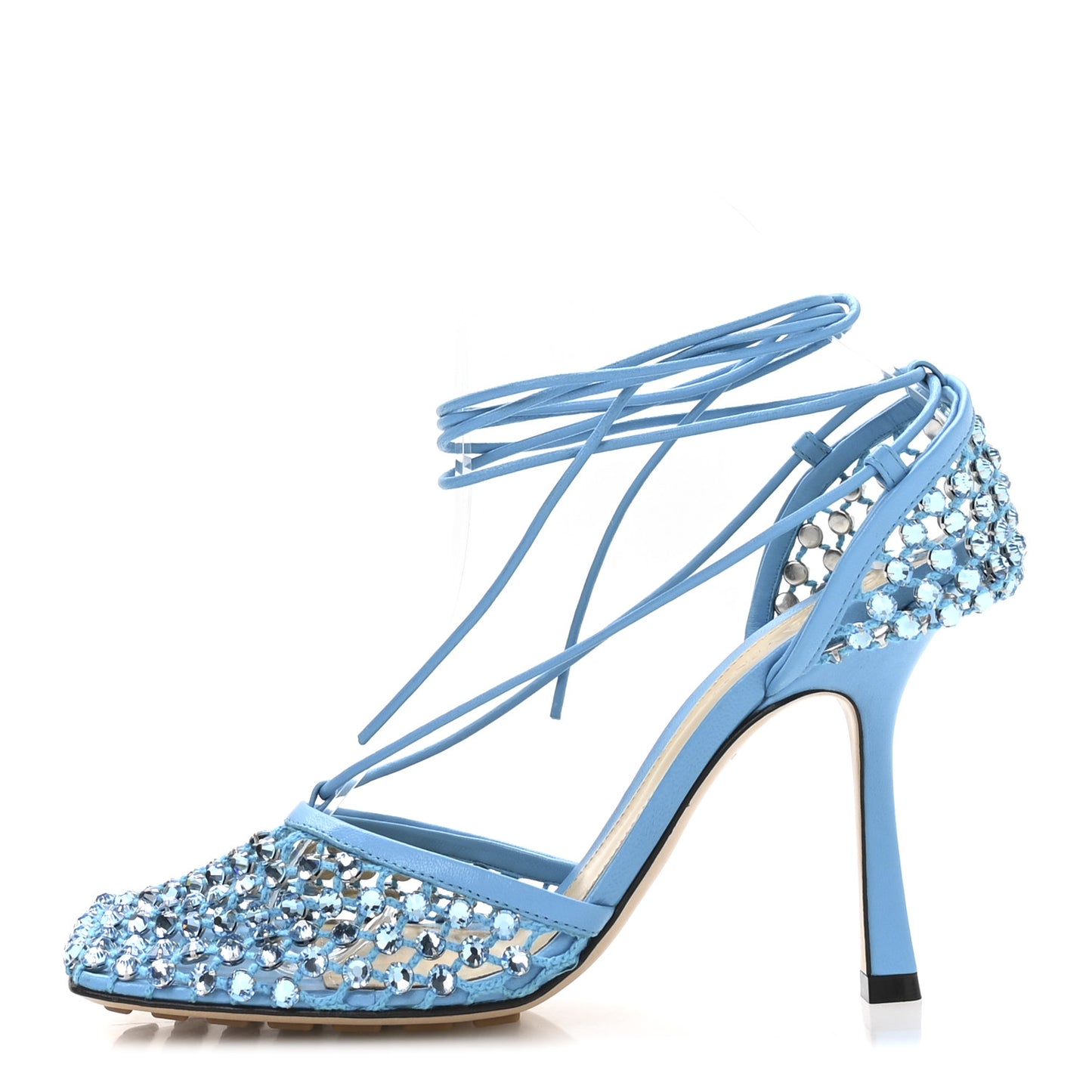 Mesh Nappa Crystal Embellished Sparkle Stretch Ankle Tie Sandals 38.5 Pool