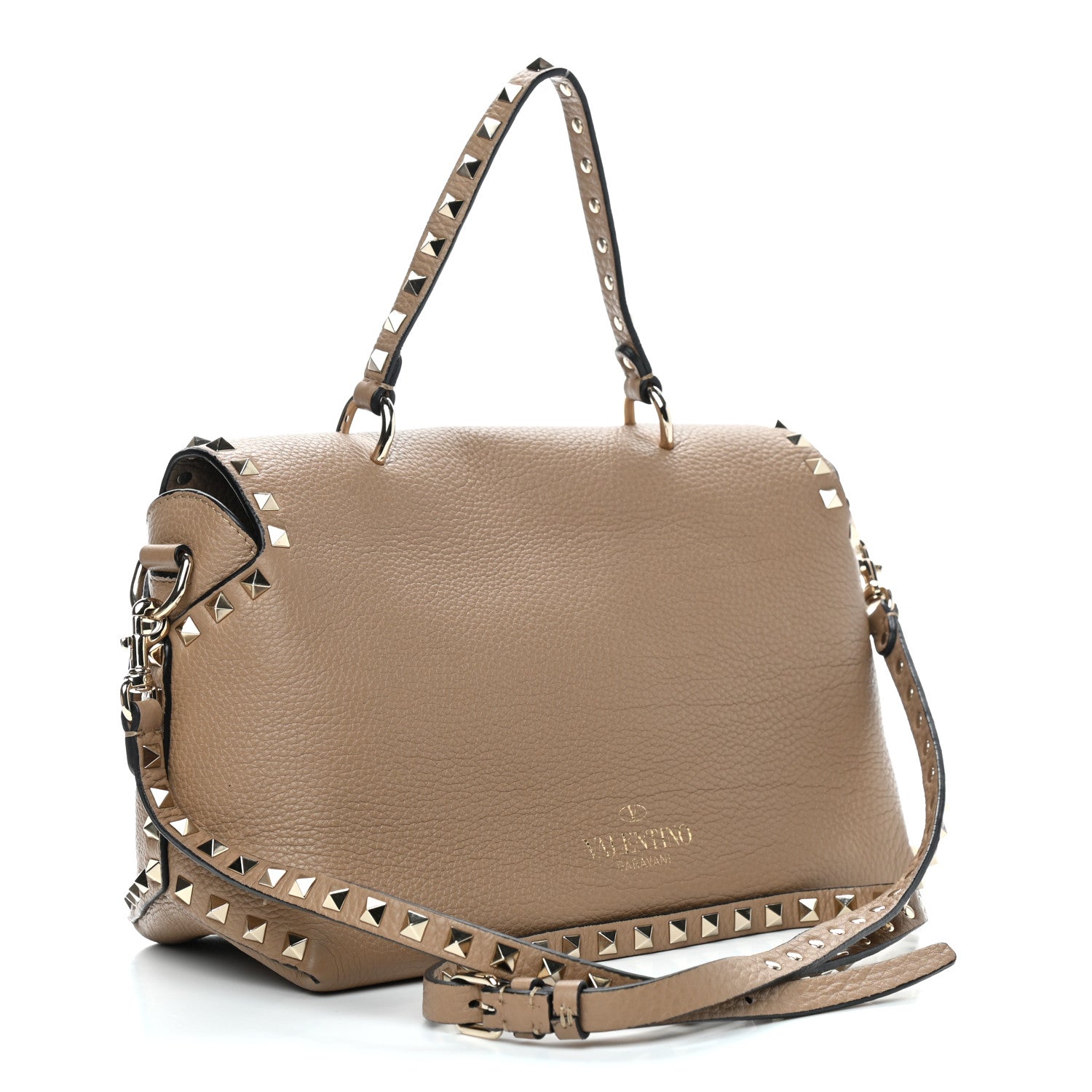 Valentino Garavani Pebbled Calfskin Rockstud Single Handle Flap Bag Beige 2 of 8