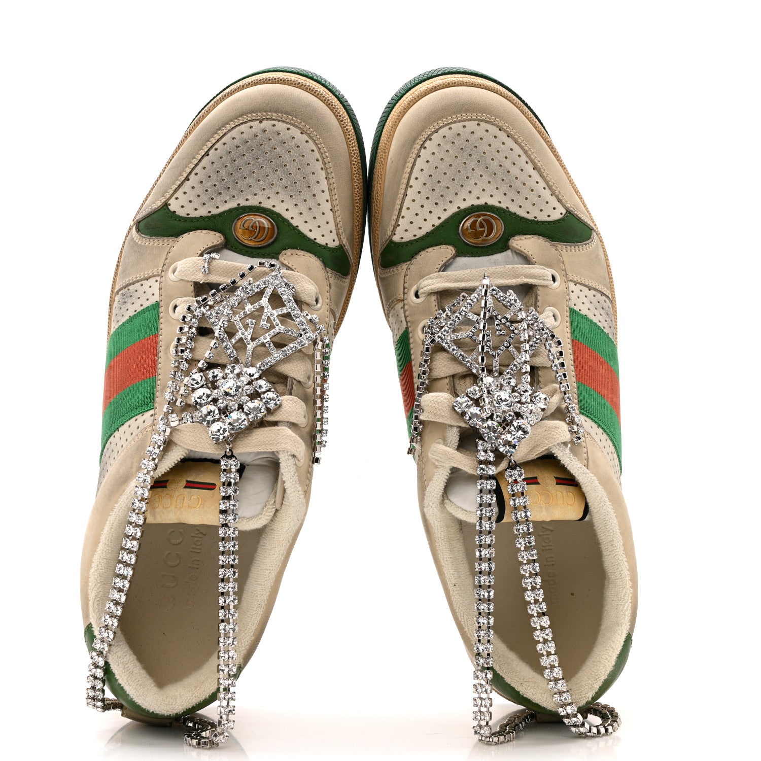 Gucci Nubuck Calfskin Web Removable Crystals Mens Screener Sneakers 7 Dusty Milk New Mystic White 2 of 12