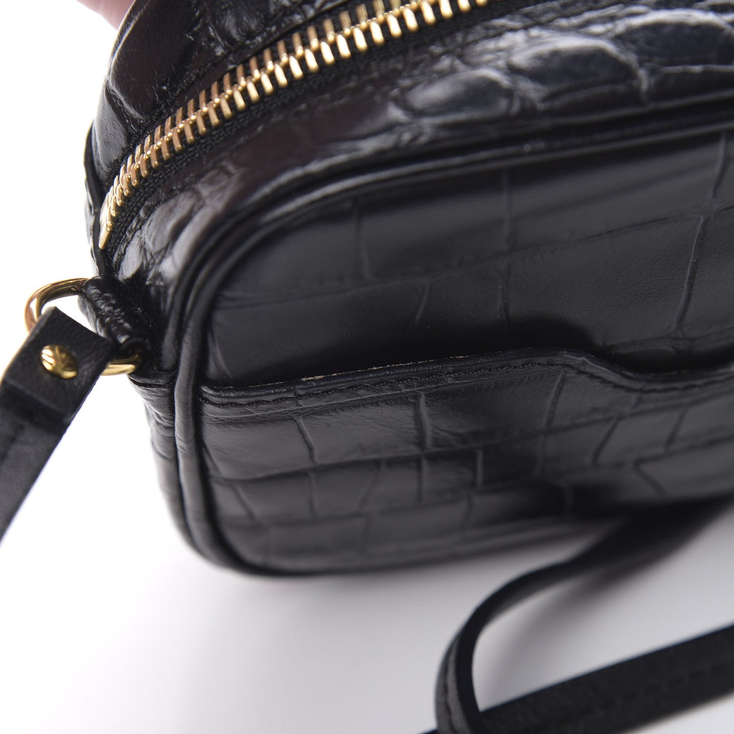 Calfskin Crocodile Embossed Camera Shoulder Bag Black