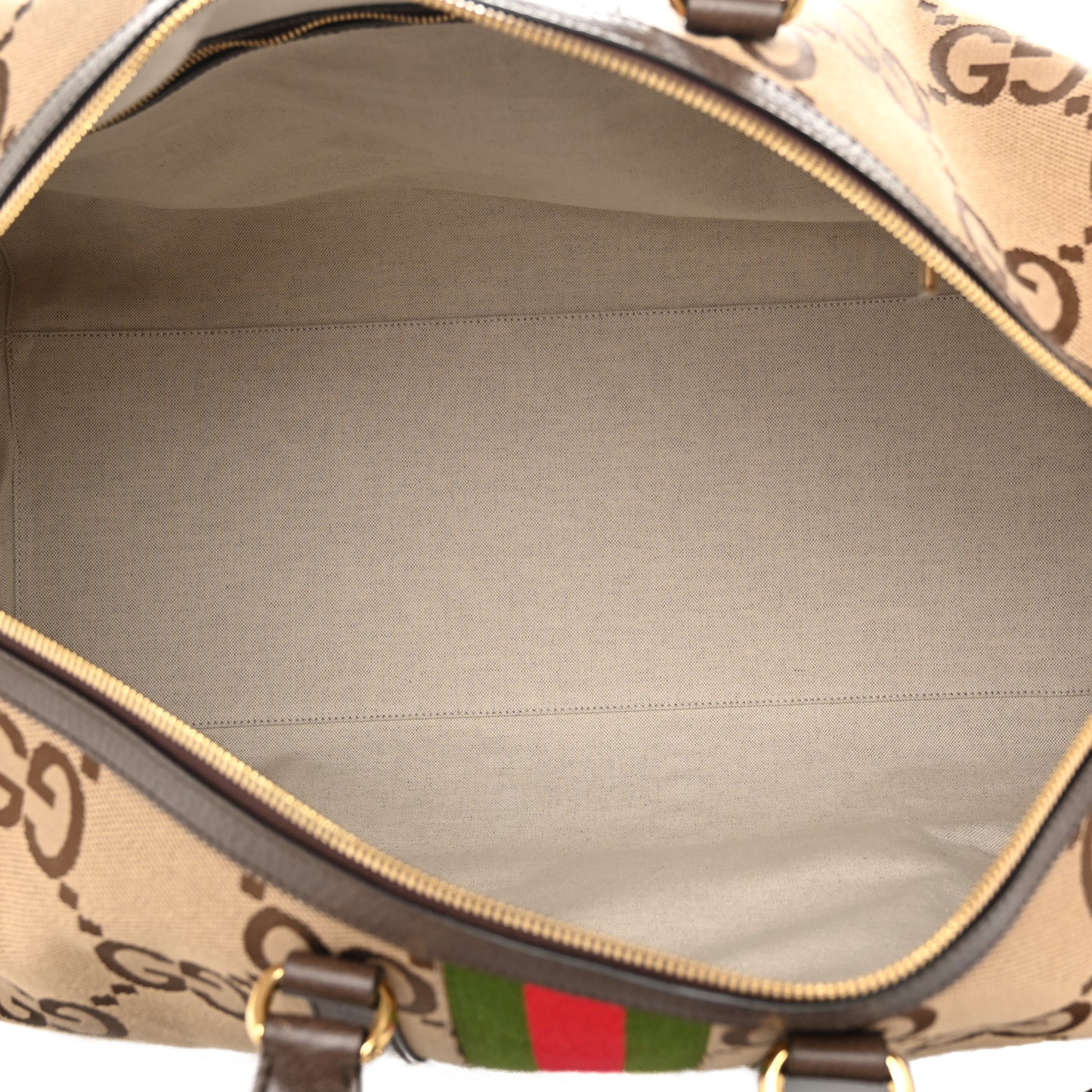 Monogram Jumbo GG Textured Dollar Calfskin Web Maxi Duffle Bag Camel Ebony
