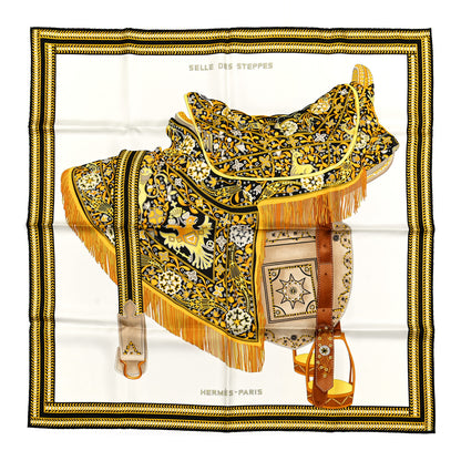 Hermes Silk Selle Des Steppes Scarf 90 White Or Black 1 of 5