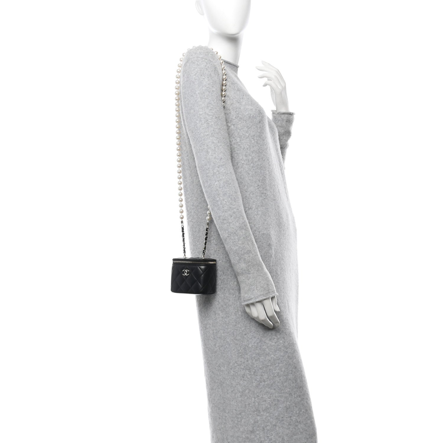 Chanel Lambskin Quilted Mini Vanity Case With Pearl Chain Black 2 of 11