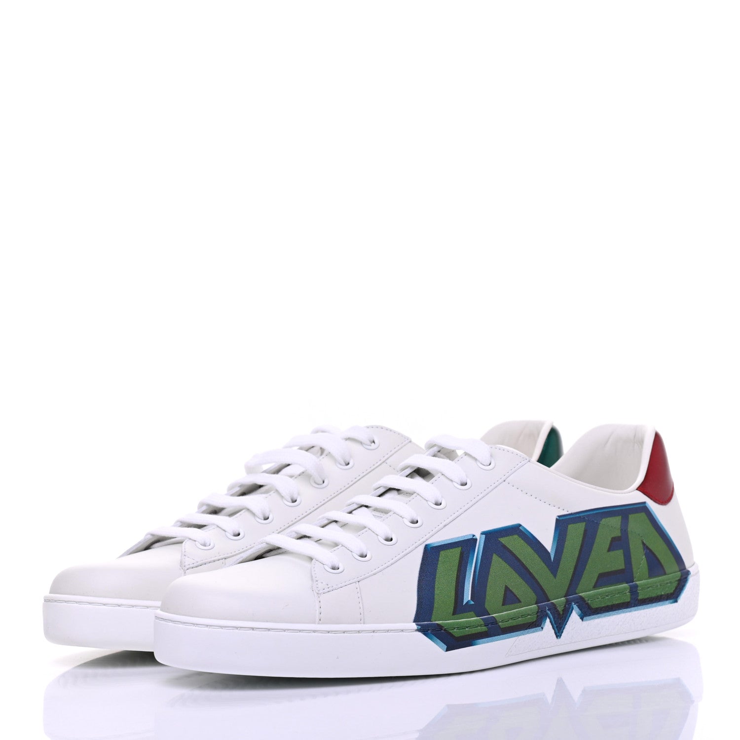 Gucci Calfskin Nappa LOVED Print Mens Ace Sneakers 12 White Red Flame Green 3 of 10