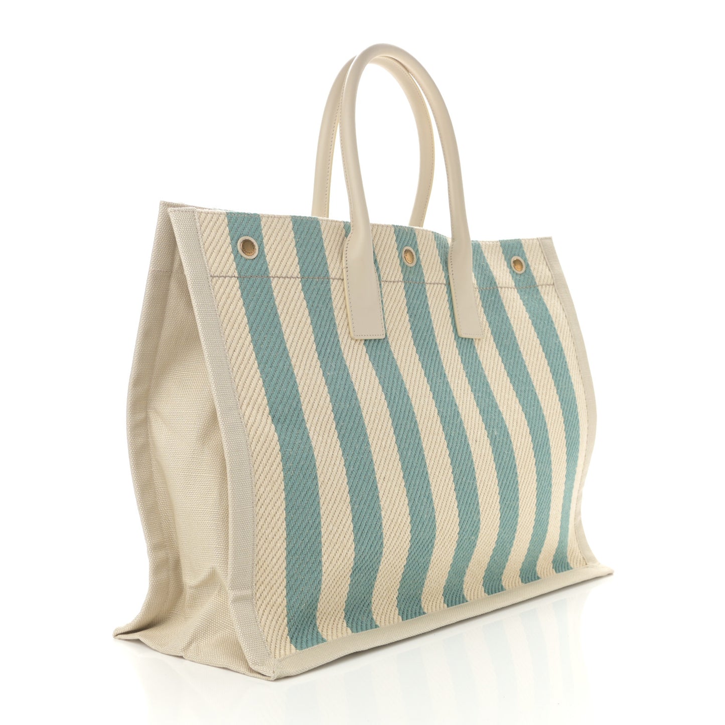 Cotton Linen Calfskin Striped Rive Gauche Tote Water Green
