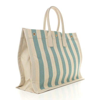 Saint Laurent Cotton Linen Calfskin Striped Rive Gauche Tote Water Green 3 of 11