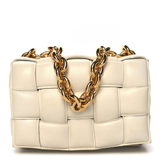 Lambskin Maxi Intreccio Padded Chain Cassette Crossbody Bag White