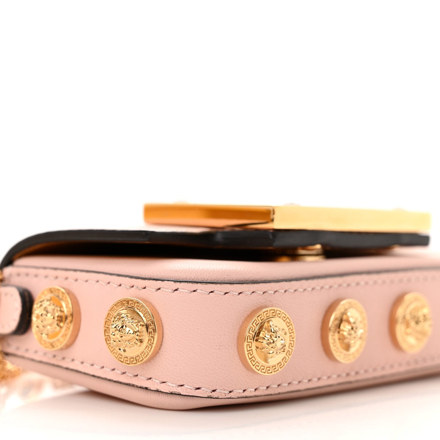 X VERSACE Vitello Seta Fendace Studded Nano Brooch Baguette Rosa Confetto