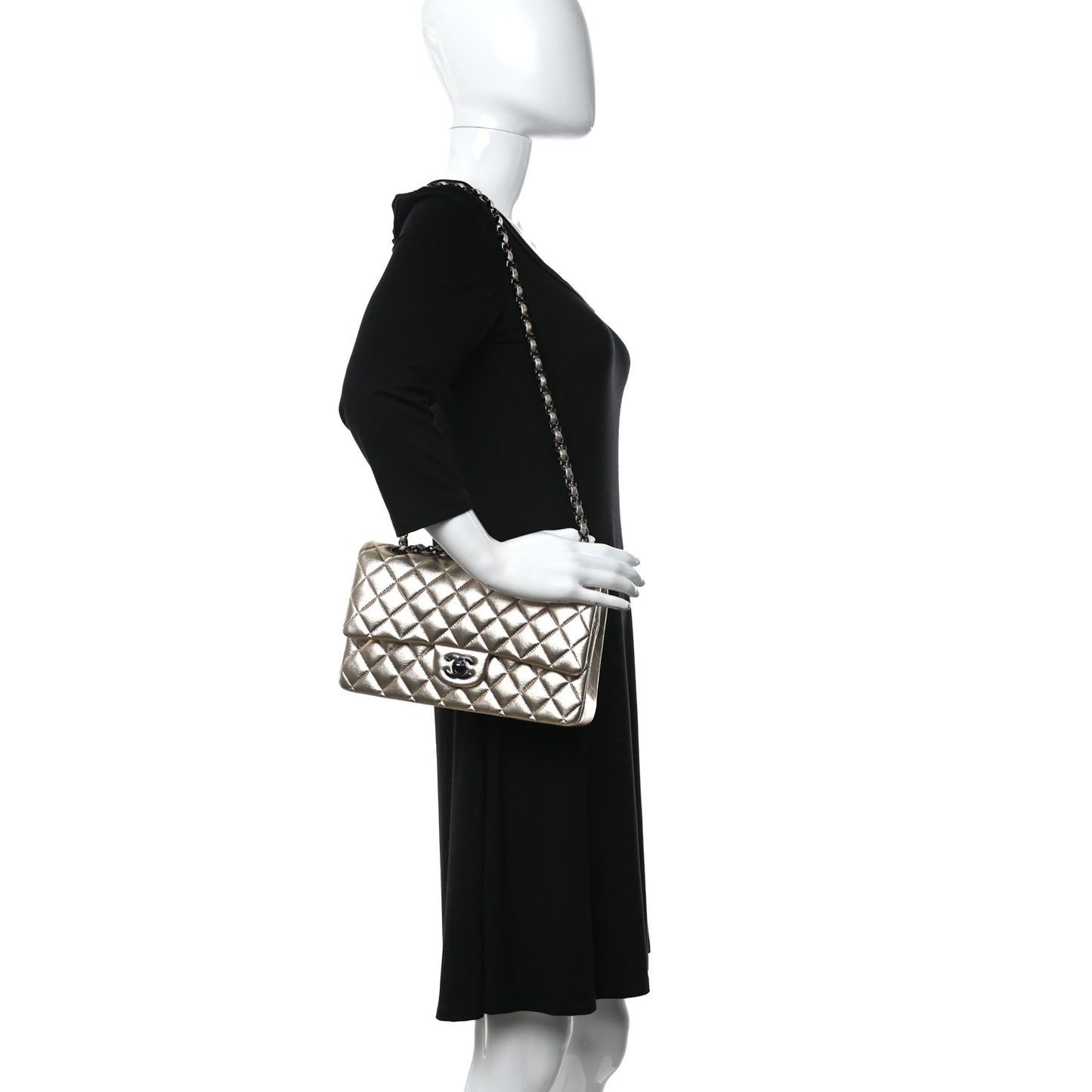 Metallic Lambskin Quilted Medium Double Flap Gold Black