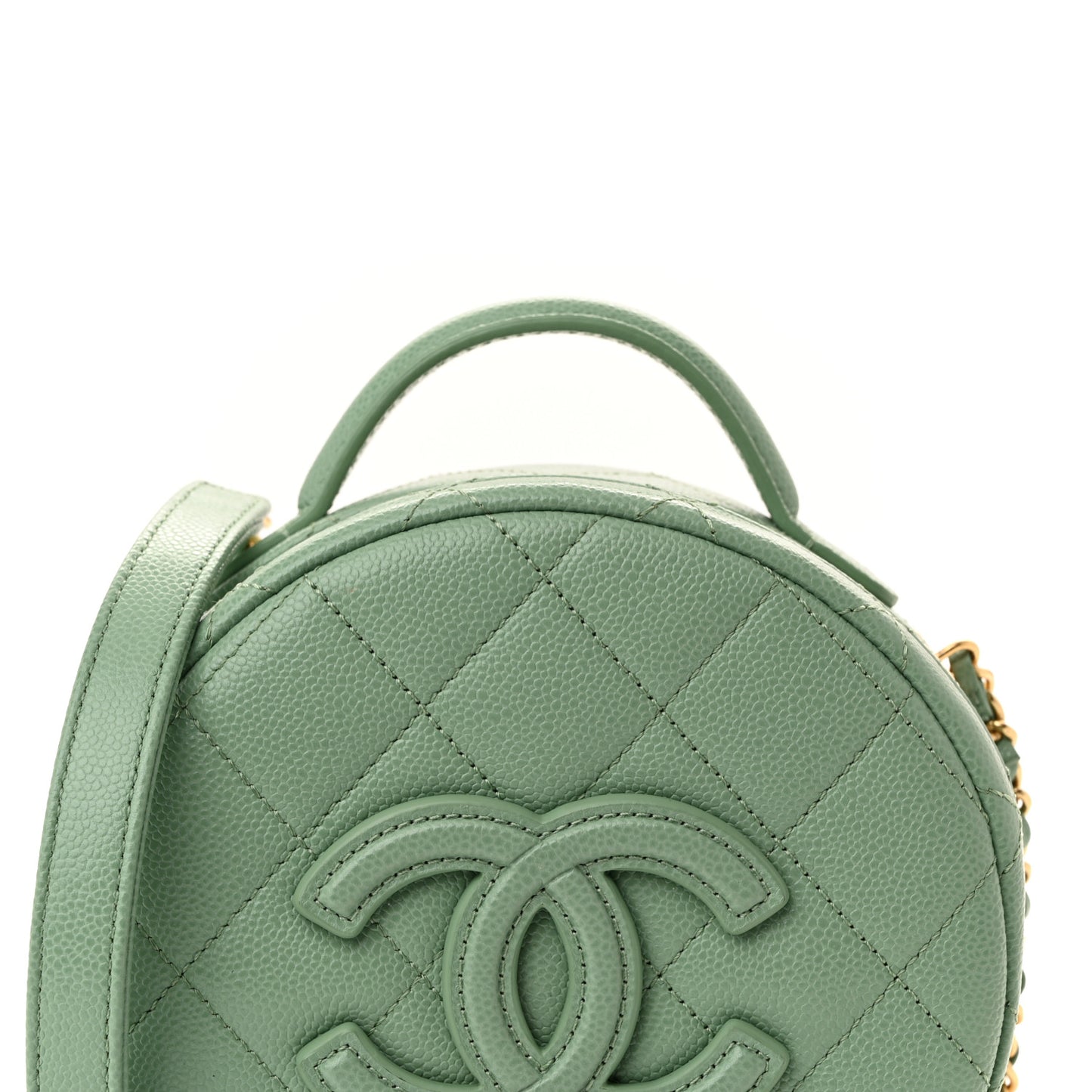 Caviar Quilted Small Round Vanity With Chain Light Green