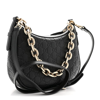 Gucci GG Grainy Calfskin Emblem Small Half Moon Shoulder Black 3 of 11