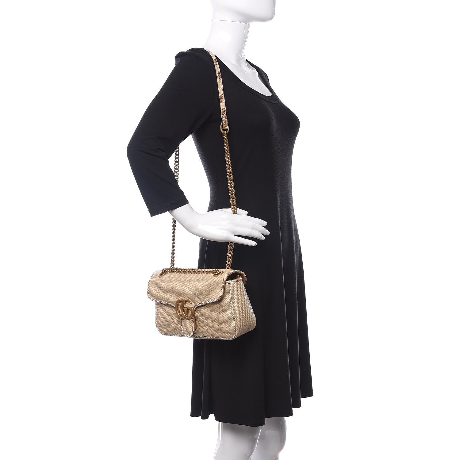 Gucci Raffia Elaphe Matelasse Small GG Marmont Shoulder Bag Natural Cream Brown 2 of 11