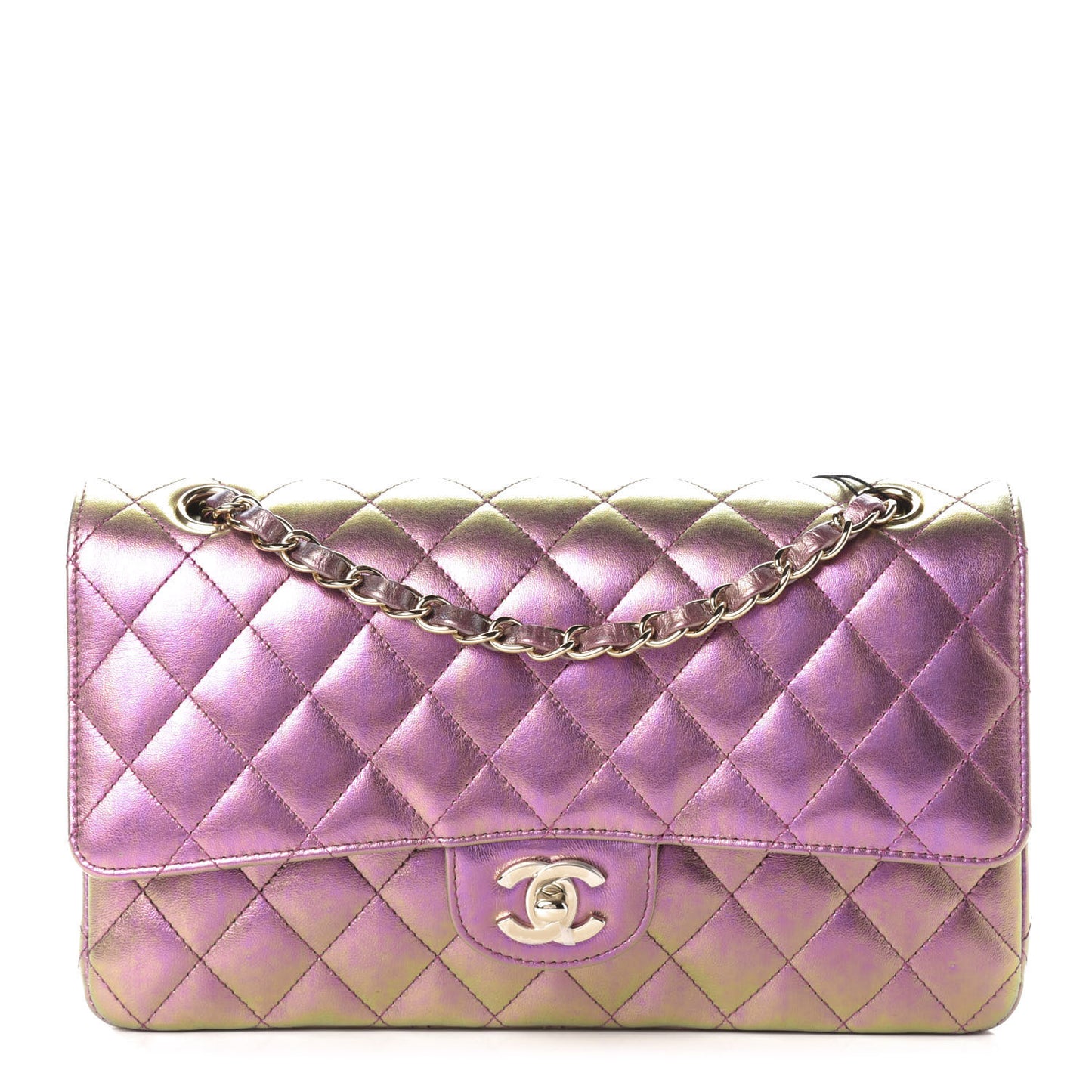Iridescent Lambskin Quilted Medium Double Flap Purple