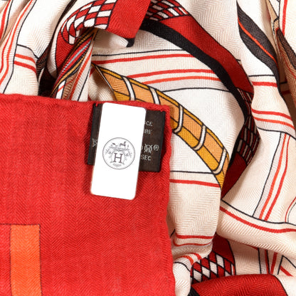 Hermes Cashmere Silk Voltes Et Pirouettes Shawl 140 Rouge Creme Beige 5 of 5
