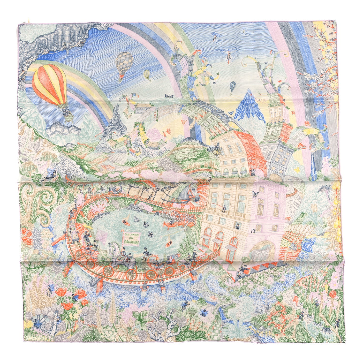 Hermes Silk Les Folies Du Faubourg Scarf 90 Vert Olive Orange Sable 1 of 3
