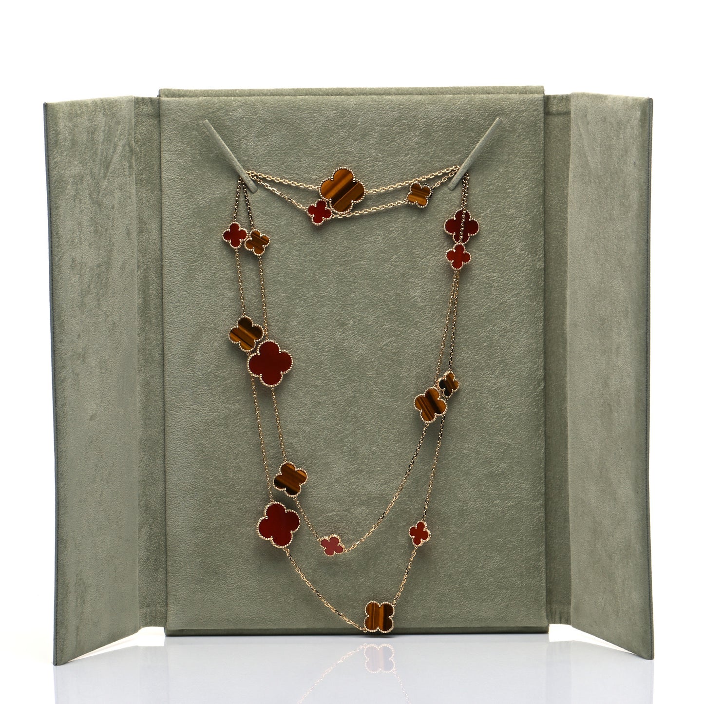 18K Yellow Gold Tiger Eye Carnelian 16 Motifs Magic Alhambra Necklace