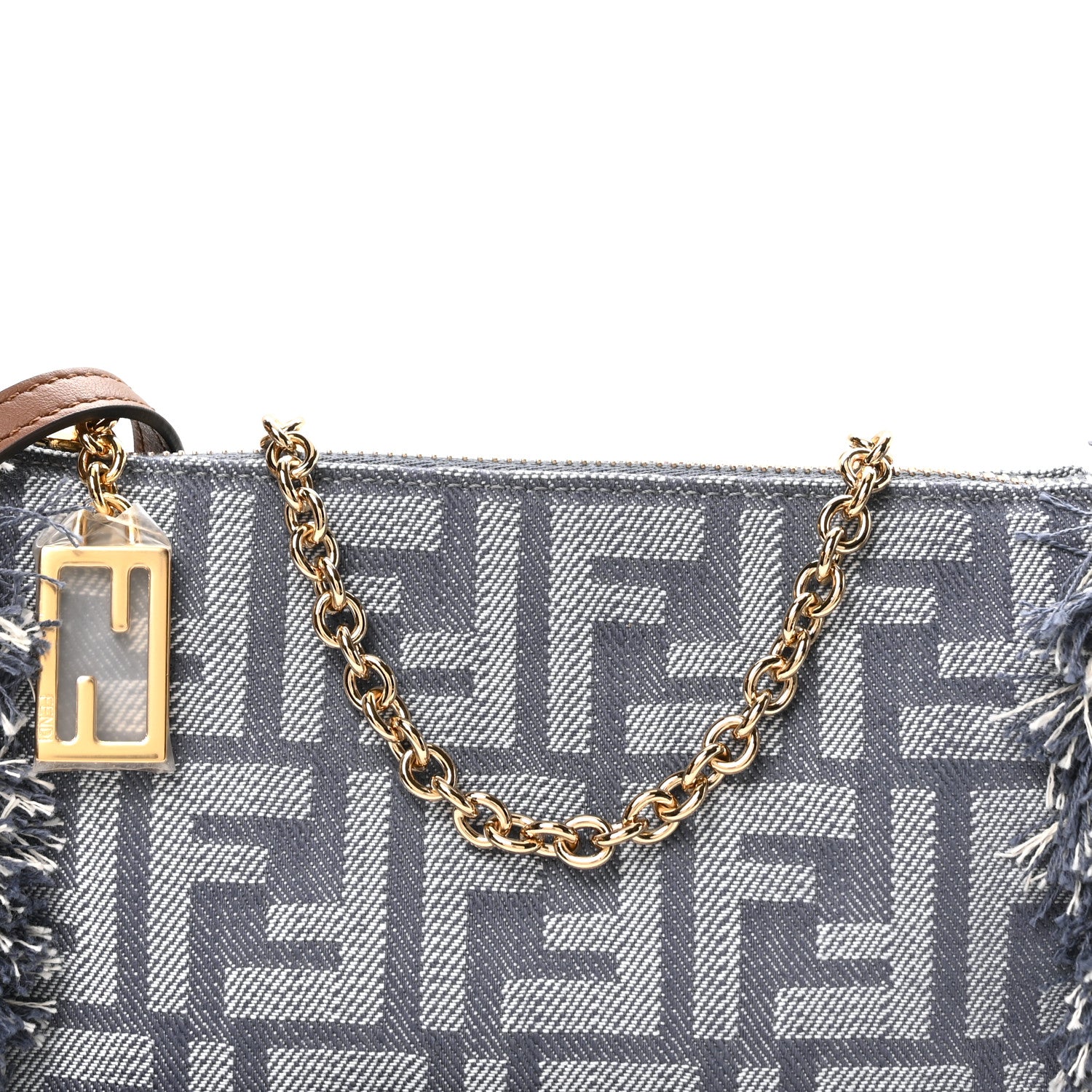 Fendi Denim Vitello Fringe FF Embroidered Baguette Pouch Myrtle Dark Nut 8 of 11