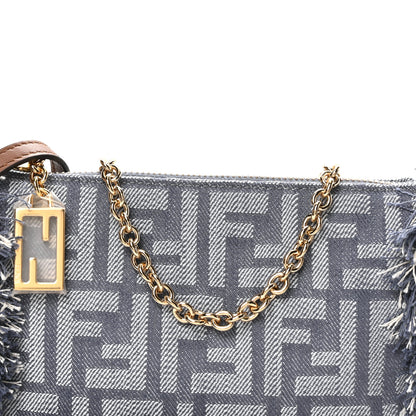 Fendi Denim Vitello Fringe FF Embroidered Baguette Pouch Myrtle Dark Nut 8 of 11