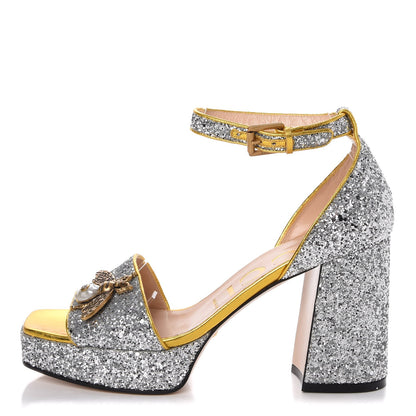 Gucci Glitter Soko Bee Platform Mid Heel Sandals 38.5 Argento Oro Vecchio 1 of 10