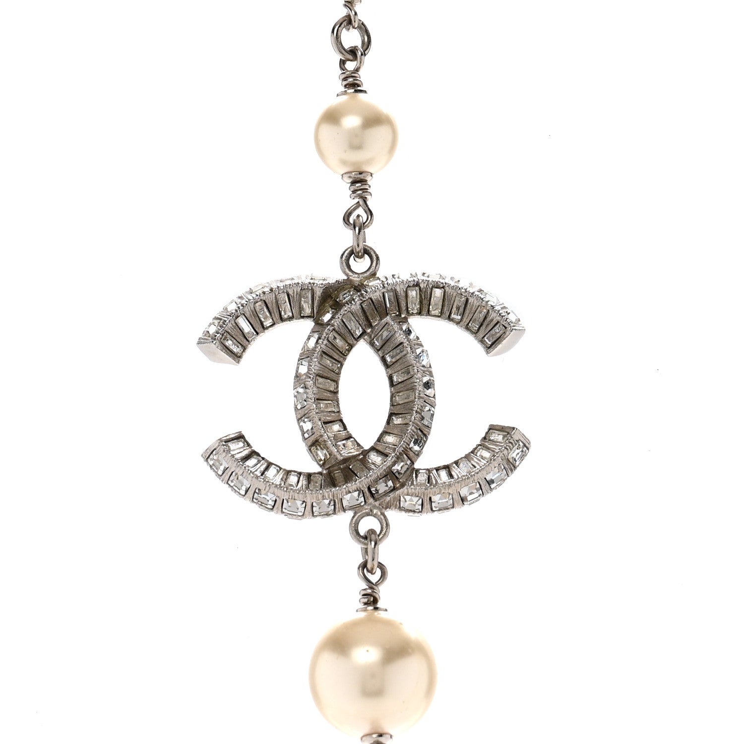 Chanel Pearl Baguette Crystal CC Long Necklace Silver 4 of 7