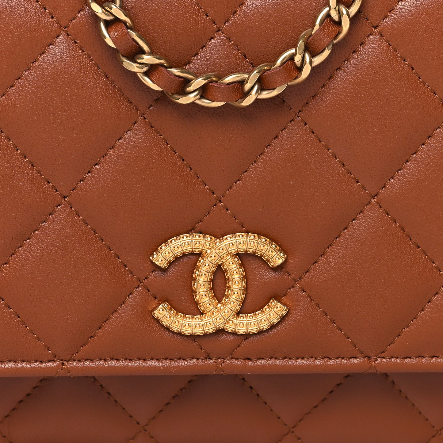 Lambskin Quilted Studded CC Wallet On Chain WOC Light Brown