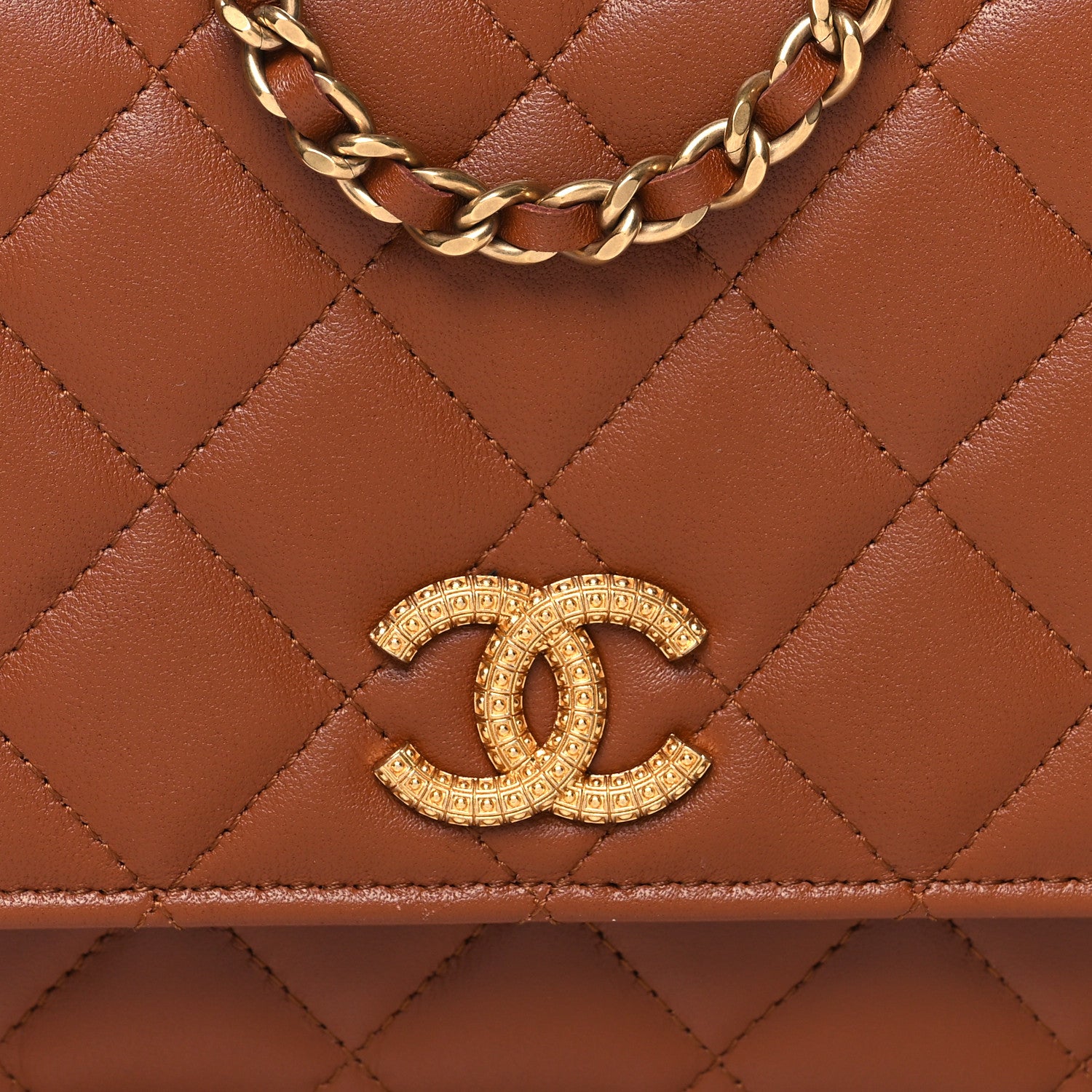Chanel Lambskin Quilted Studded CC Wallet On Chain WOC Light Brown 9 of 12