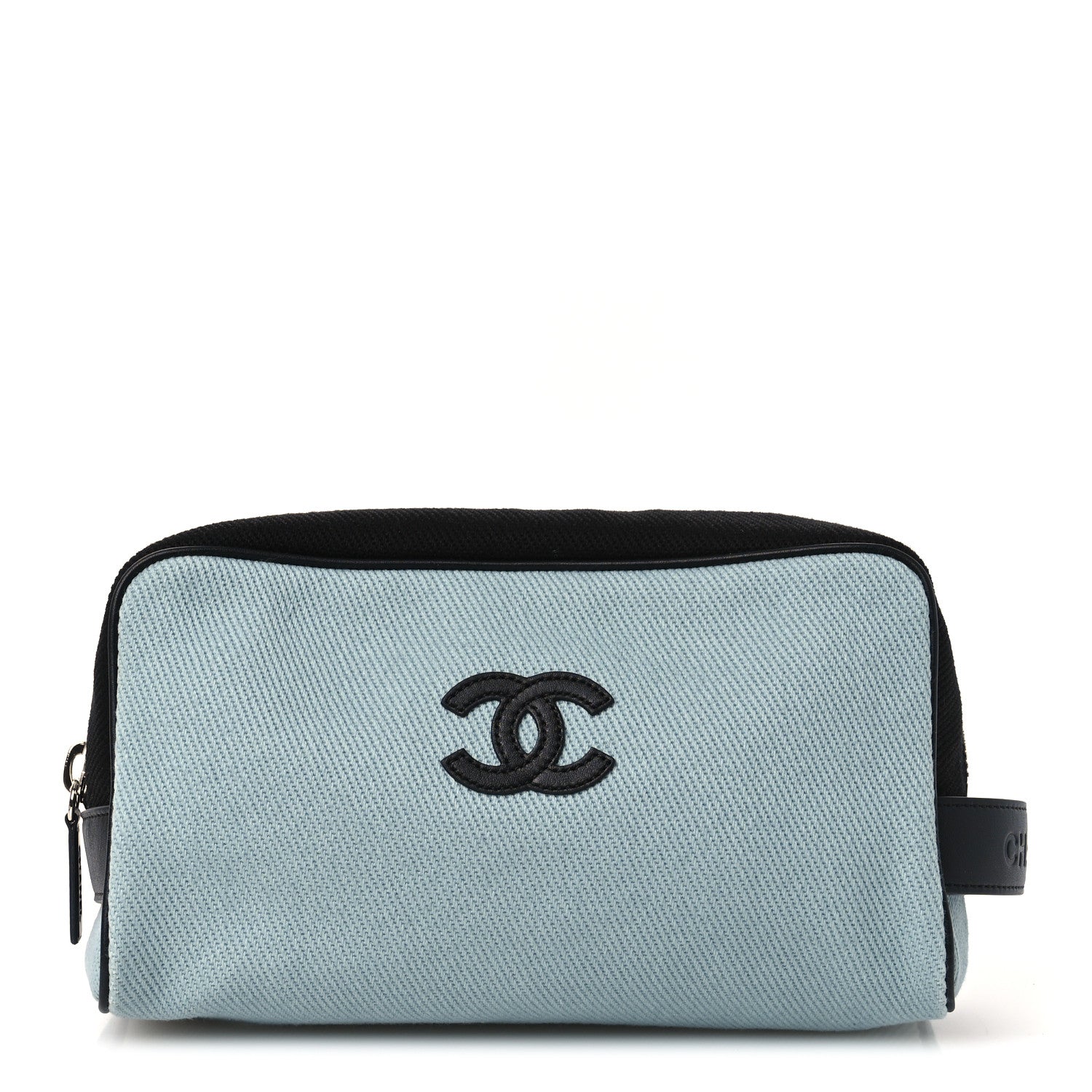 Chanel Canvas Calfskin Large Zippered Pouch Blue Black 1 of 10