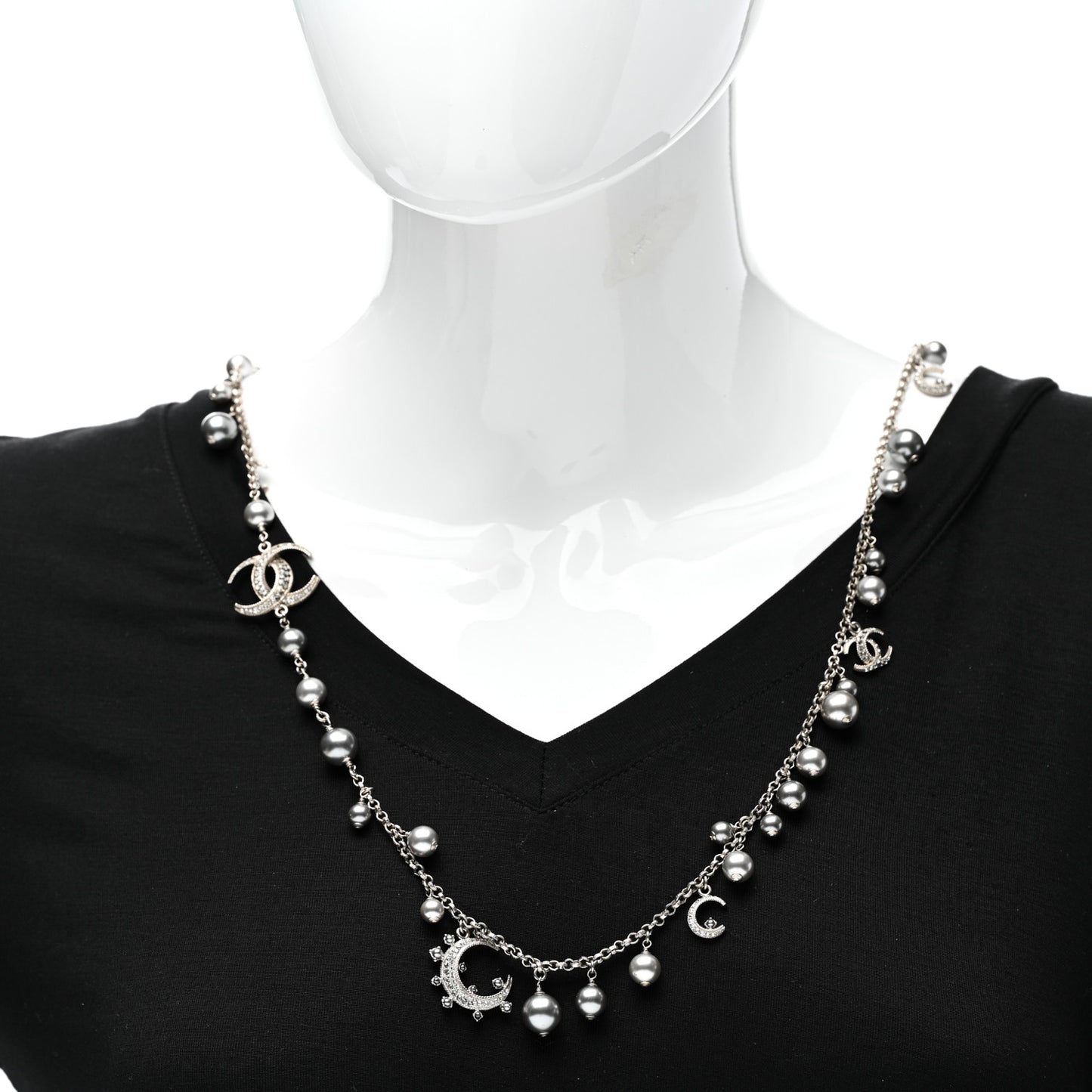 Crystal Pearl CC Moon Long Necklace Silver Grey