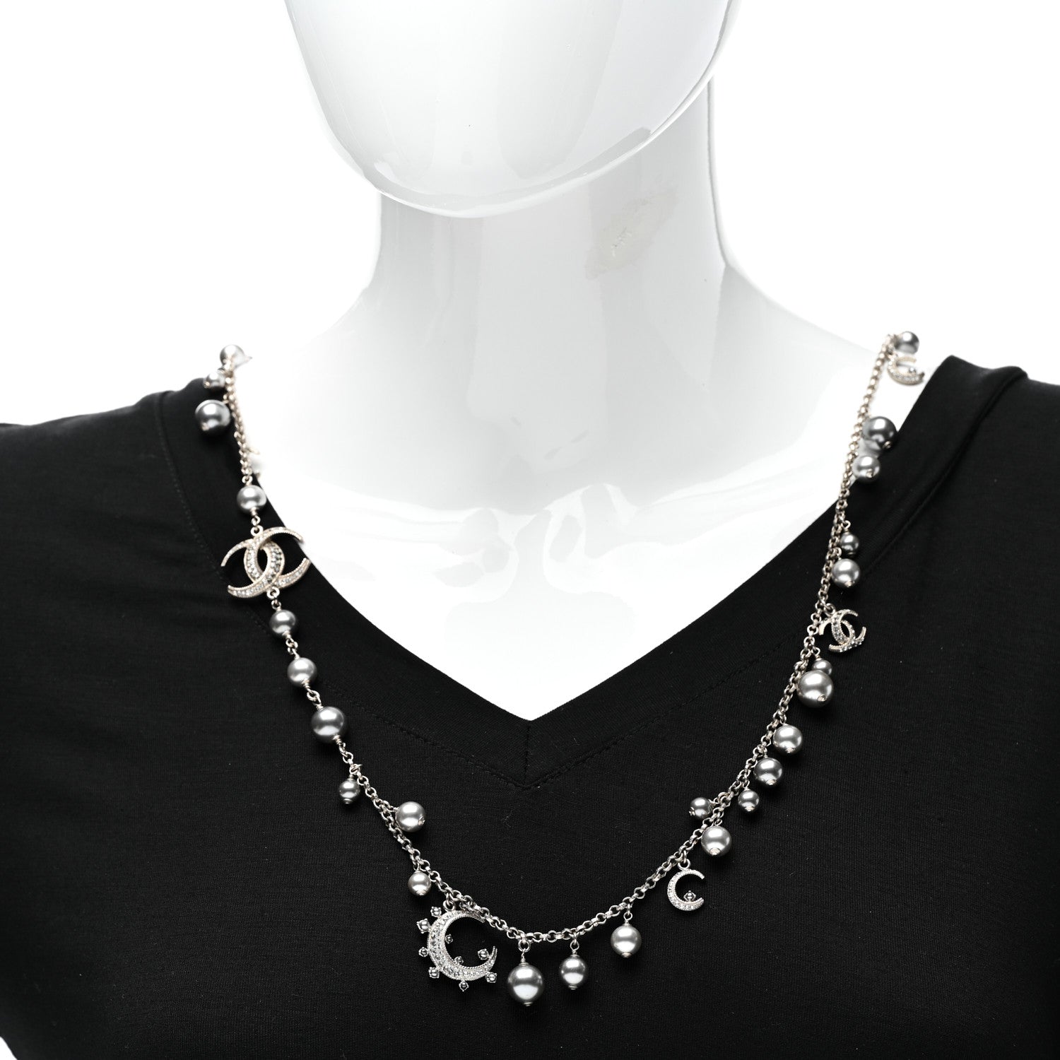 Chanel Crystal Pearl CC Moon Long Necklace Silver Grey 2 of 6