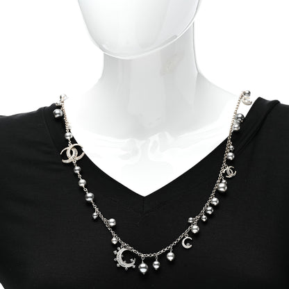 Chanel Crystal Pearl CC Moon Long Necklace Silver Grey 2 of 6
