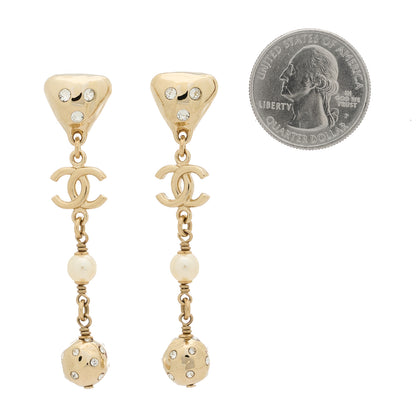 Chanel Metal Crystal Pearl Heart CC Drop Pendant Earrings Gold Pearly White 2 of 5