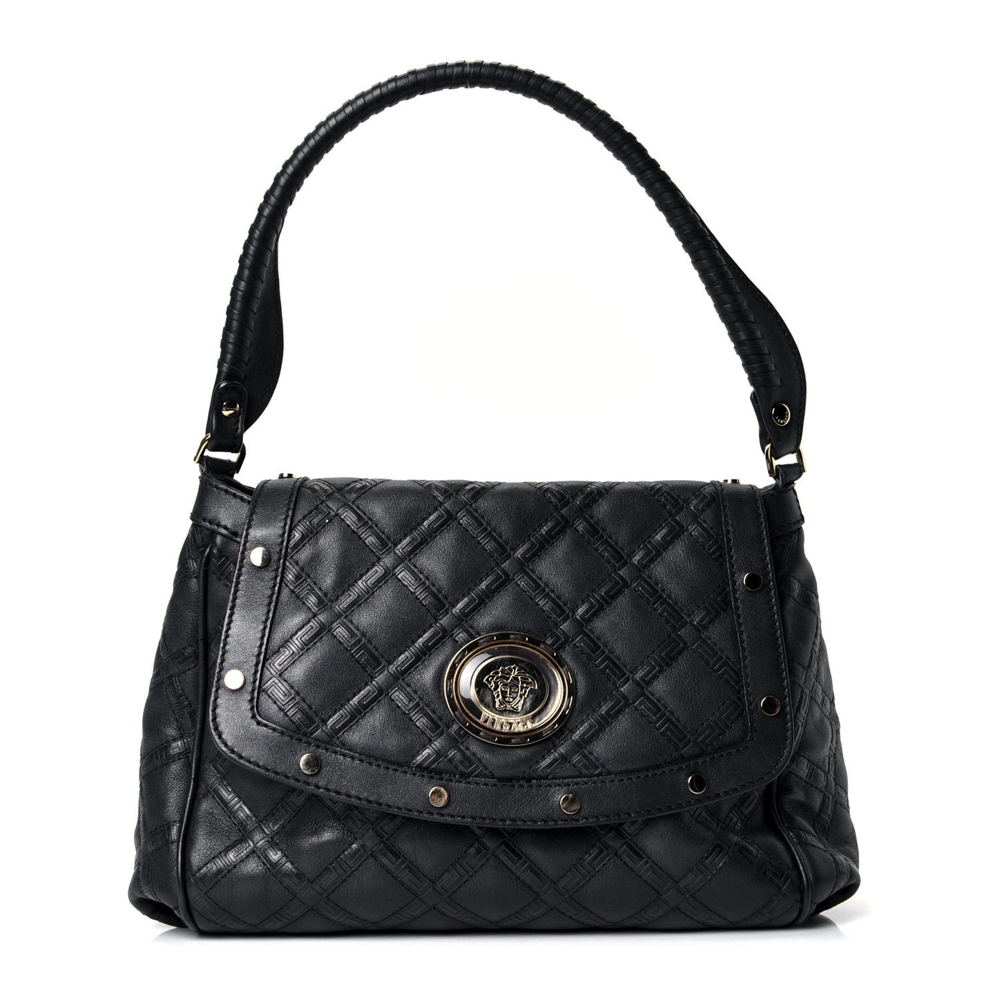 Calfskin Greca Argyle Embossed Medusa Shoulder Bag Black