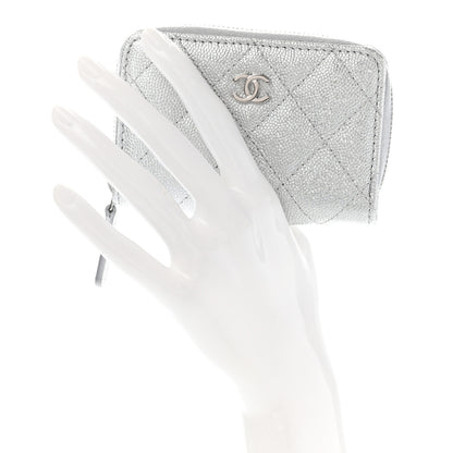 Chanel Glittered Metallic Caviar Quilted Zip Coin Purse Wallet Silver 2 of 7