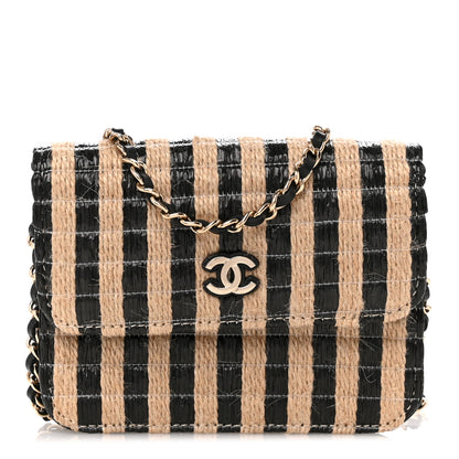 Chanel Raffia Jute Striped Belt Bag Black Beige 1 of 11
