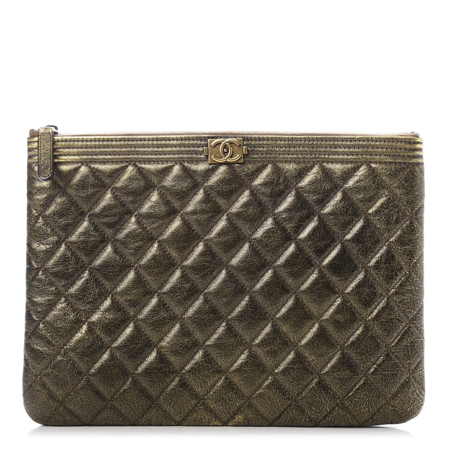 Cracked Metallic Calfskin Quilted Medium Boy Cosmetic Case Gold