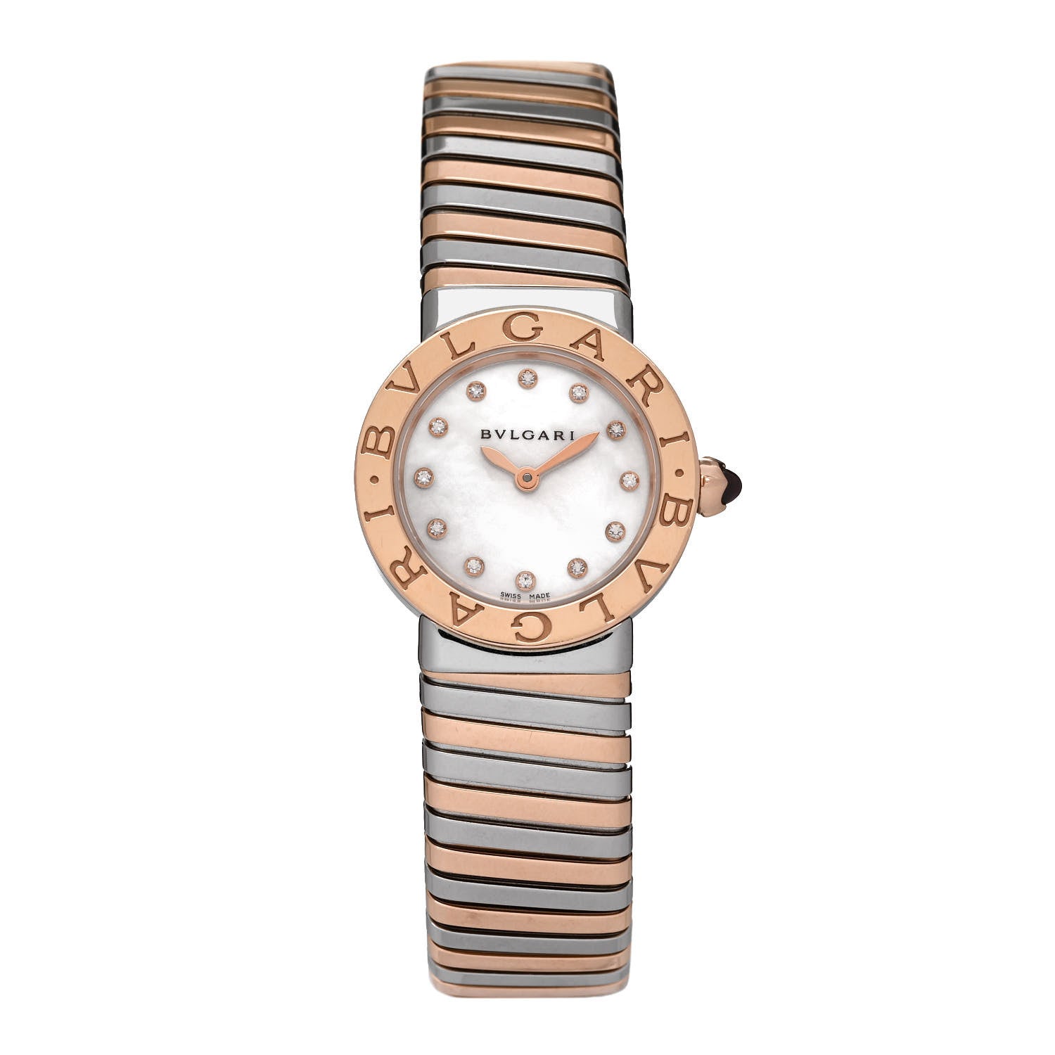 Bulgari Stainless Steel 18K Rose Gold Diamond Mother of Pearl 26mm Tubogas Quartz Watch 1 of 4